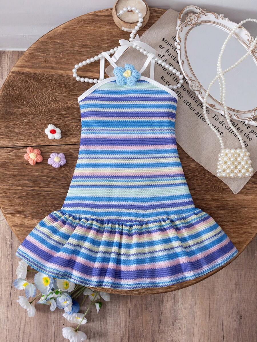 SHEIN Elladie kids 小女孩时尚甜美彩虹条纹吊带露背连衣裙,可爱夏日度假装 - 藍色 - 查看 1