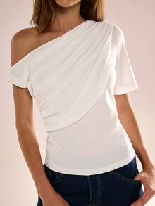 Avenya Summer Fashion Solid Color Ruched Shoulder T-Shirt - White - View 1