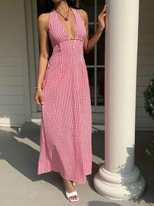Sunnyshic Red Plaid Deep V Neck Backless Tie Waist A-Line Maxi Dress, Elegant For Women, Spring/Summer , Vacation, Wedding, Party, Minimalist, Casual, Date - Red - View 5