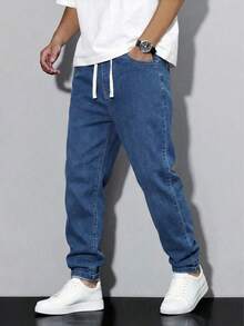 SHEIN 青少年男孩松紧腰抽绳百搭简约百搭休闲舒适弹力修身浅灰色牛仔裤