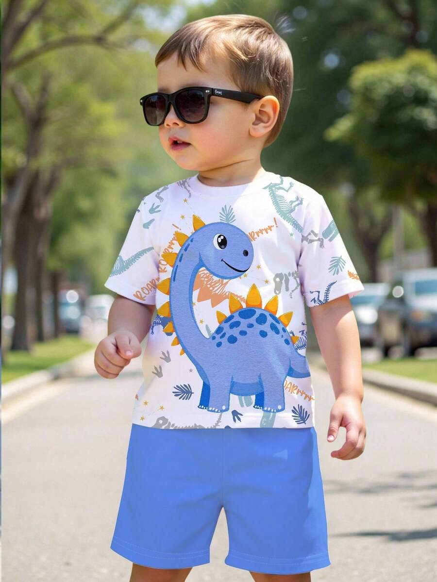 SHEIN GraphicGems 一套男童休闲趣味卡通恐龙印花短袖圆领T恤和短裤套装，适合夏季户外穿着 - 彩色 - 查看 1