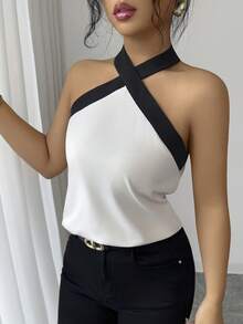 Selianne Black & White Contrast Elegant Halter Neck Top, Suitable For Vacation & Party - Multicolor - View 5
