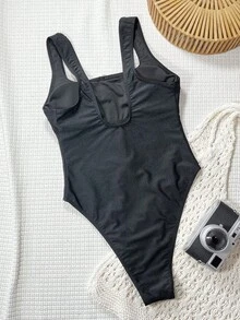 Swim SXY Traje de baño de una pieza de unicolor con tela brillante, cuello cuadrado, tirantes gruesos y botón de perla para uso casual en la playa, para mujeres, primavera/verano - Negro - Ver 2