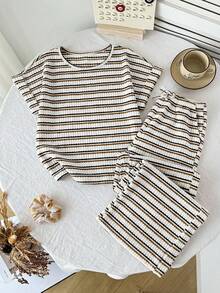 SHEIN Tween Girls' Casual Loose Comfortable Striped Round Neck Short Sleeve T-Shirt And Pants Set - Multicolor - View 1