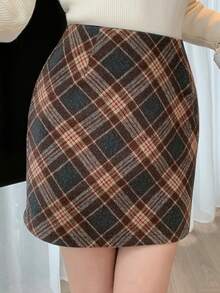 DAZY Women's Elegant Plaid Mini Skirt, Suitable For Christmas Outfit, Autumn - Brown - View 4