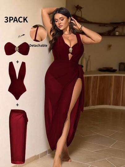 Swim Chiccia Plus Size 3 PiecesElegant Brown Metal Buckle Decor One-Piece Swimsuit, Can Be Worn Separately With Outfits, Suitable For Party & Vacation