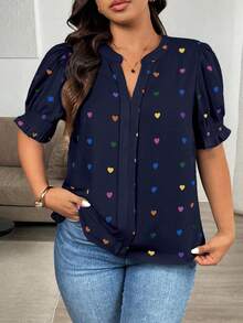 EMERY ROSE 大码女式梭织印花休闲夏季衬衫，适合新年、情人节、感恩节、圣诞节、复活节、国庆节、舞会、除夕夜、圣诞派对、圣诞装饰、圣诞睡衣、春季假期等场合穿着。 - 藏蓝色 - 查看 3