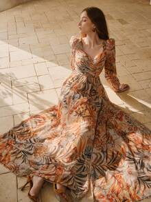 MOTF Soiréza 钻石领长灯笼袖及地雪纺派对礼服，修身剪裁，适合春秋季节