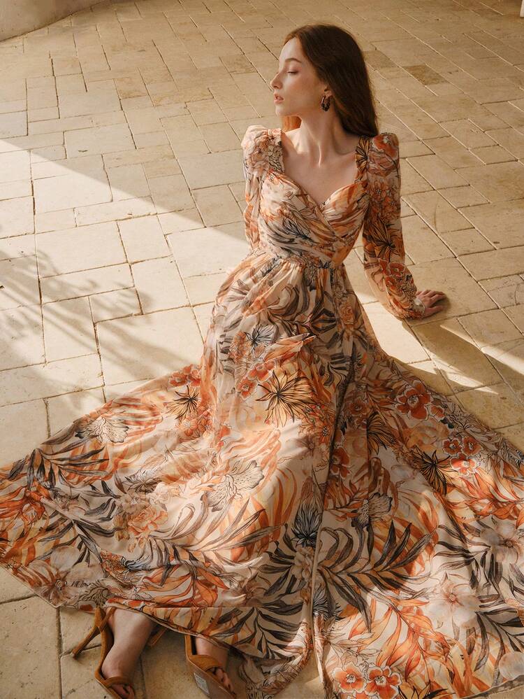 MOTF Soiréza DIAMOND-NECKLINE LONG LANTERN SLEEVE FLOOR-LENGTH CHIFFON PARTY GOWN, FORM-FITTING SILHOUETTE FOR SPRING/AUTUMN