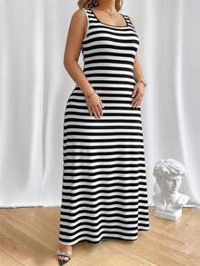 Vionelle Đầm kẻ sọc không tay dáng rộng mùa hè cỡ lớn - Đen và trắng - Xem 1