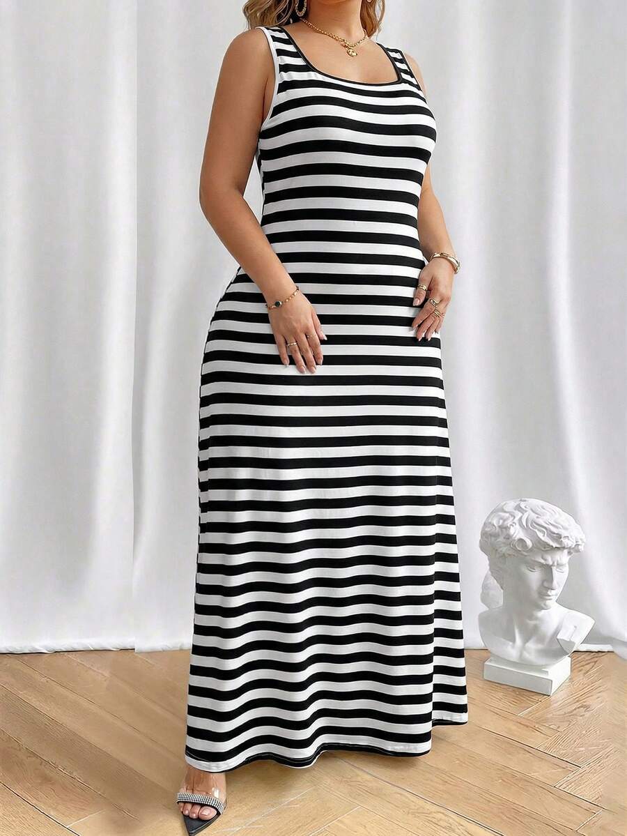 Vionelle Đầm kẻ sọc không tay dáng rộng mùa hè cỡ lớn - Đen và trắng - Xem 1