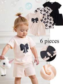SHEIN 6件套女婴夏季可爱休闲简约杏色和黑色圆领短袖T恤上衣，带印花蝴蝶结，搭配3套同款短裤，适合日常和上学穿着。 - 黑色 - 查看 3