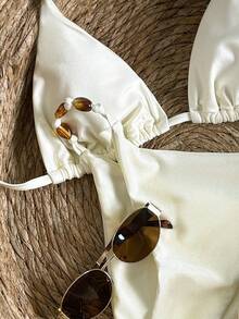 Swim Vcay Bộ bikini gợi cảm hở lưng buộc cổ, đính hạt cườm, chất liệu bóng mượt, thích hợp cho kỳ nghỉ biển. - trắng - Xem 4