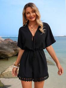 Swim Lushoire Bộ áo liền quần nữ mùa hè tay cánh dơi cổ chữ V thắt nơ tua rua phối ren tròn. - màu đen - Xem 5