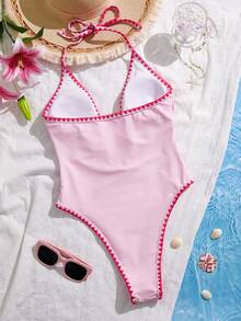 Swim Vcay Summer Beach Vacation Women's Spaghetti Strap Ruffle Trim Printed Ribbed One Piece Swimsuit - Multicolor - View 4