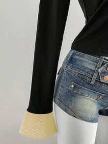 SHEIN Clasi 女士条纹拼接不对称下摆紧身长袖T恤，二合一衬衫领，时尚休闲街头风，秋冬印花T恤，春季女装上衣 - 黃色 - 查看 7