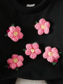 SHEIN 新生女宝宝休闲甜美3D立体花卉卫衣和粉色罗纹裤套装 - 黑色 - 查看 6