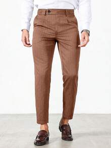 Calvornis Men's Casual Commuter Striped Tapered Suit Pants - Coffee Brown - View 4