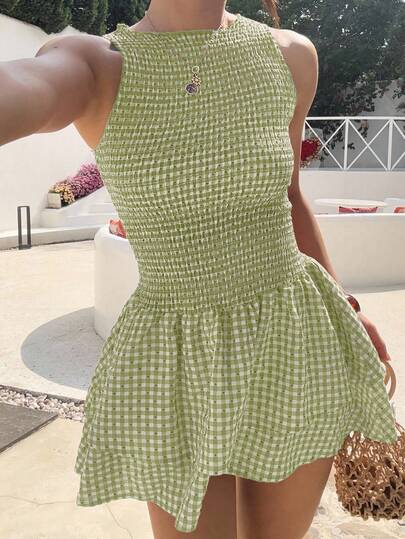 Sunnyshic Vestido mini ajustado sin mangas a cuadros azules, estilo francés dulce para vacaciones, primavera/verano
