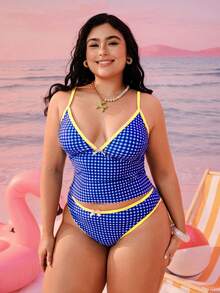 Swim Mod Plus Size Women 2-Piece Random Geometric Square Print Fashion Vacation Casual Slimming Modest Bow Adjustable Thick Strap High Waist High Leg Opening Triangle Bikini Swimsuit 2026 New Backless Tankini Set - Multicolor - View 4