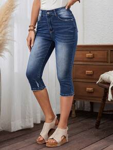 EMERY ROSE Quần jeans nữ dáng ôm, dài đến 7/8, kiểu dáng thường ngày, chất liệu denim mài. - Rửa tối - Xem 4