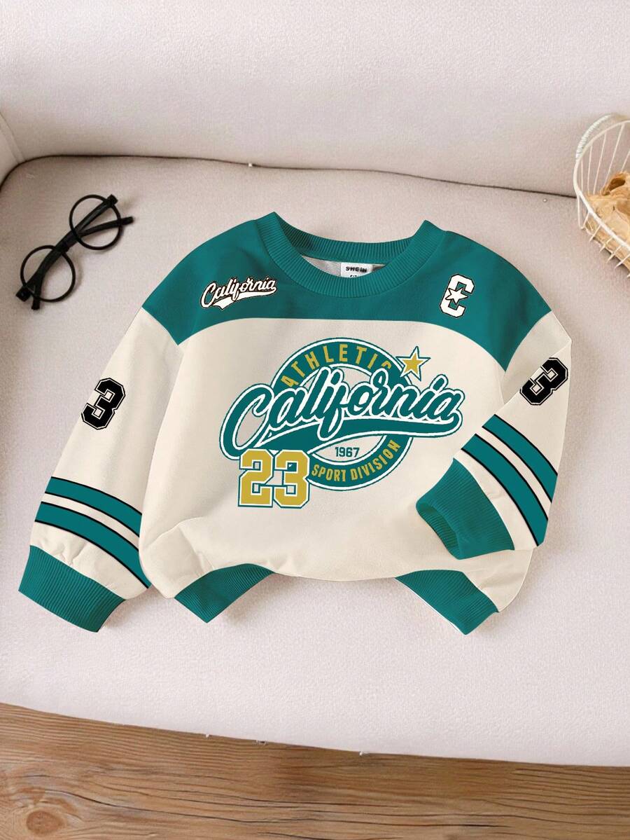 SHEIN Young BoyCasual Sporty Number 23 & California Letter Print Crew Neck Sweatshirt, Comfortable Fall Outfit, Suitable For Autumn/Winter - Multicolor - View 1
