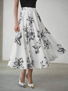MOTF PREMIUM WOMEN'S FLORAL PRINT HIGH WAIST FLARED SKIRT - Black and White - View 1