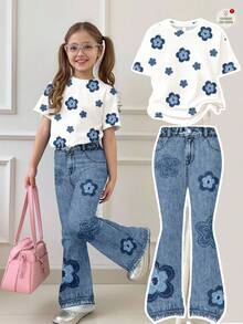 SHEIN Leap Crew 复古花卉印花休闲宽松短袖圆领 T 恤和喇叭裤两件套，适合秋季 - 彩色 - 查看 2