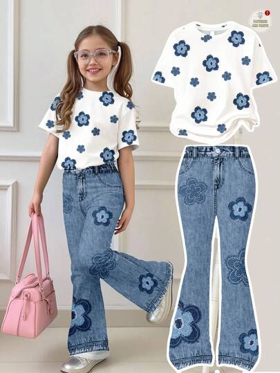 SHEIN Leap Crew 复古花卉印花休闲宽松短袖圆领 T 恤和喇叭裤两件套，适合秋季