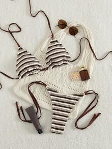 SHEIN Swim Vcay Women's Sexy New Striped Halter Bikini Set, Summer - Multicolor - View 2