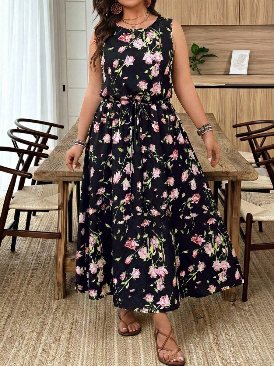 SHEIN LUNE Đầm không tay dáng rộng dành cho nữ, có dây rút ở eo, trang phục mùa hè cho nữ, ngày lễ Thánh Patrick, trang phục dự tiệc, lễ hội, kỳ nghỉ xuân, phong cách Boho. - Nhiều màu - Xem 1