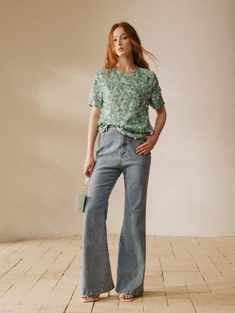 Blouse femme ajustée avec broderie de sequins, panneau arrière en maille transparente, chiffon diamant, sexy printemps/été