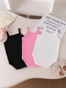 SHEIN 3pcs Baby Girl Casual, Simple, Sweet & Cute Pink, Black, White Tricolor Camisole Bodysuit Set, Summer - Multicolor - View 2