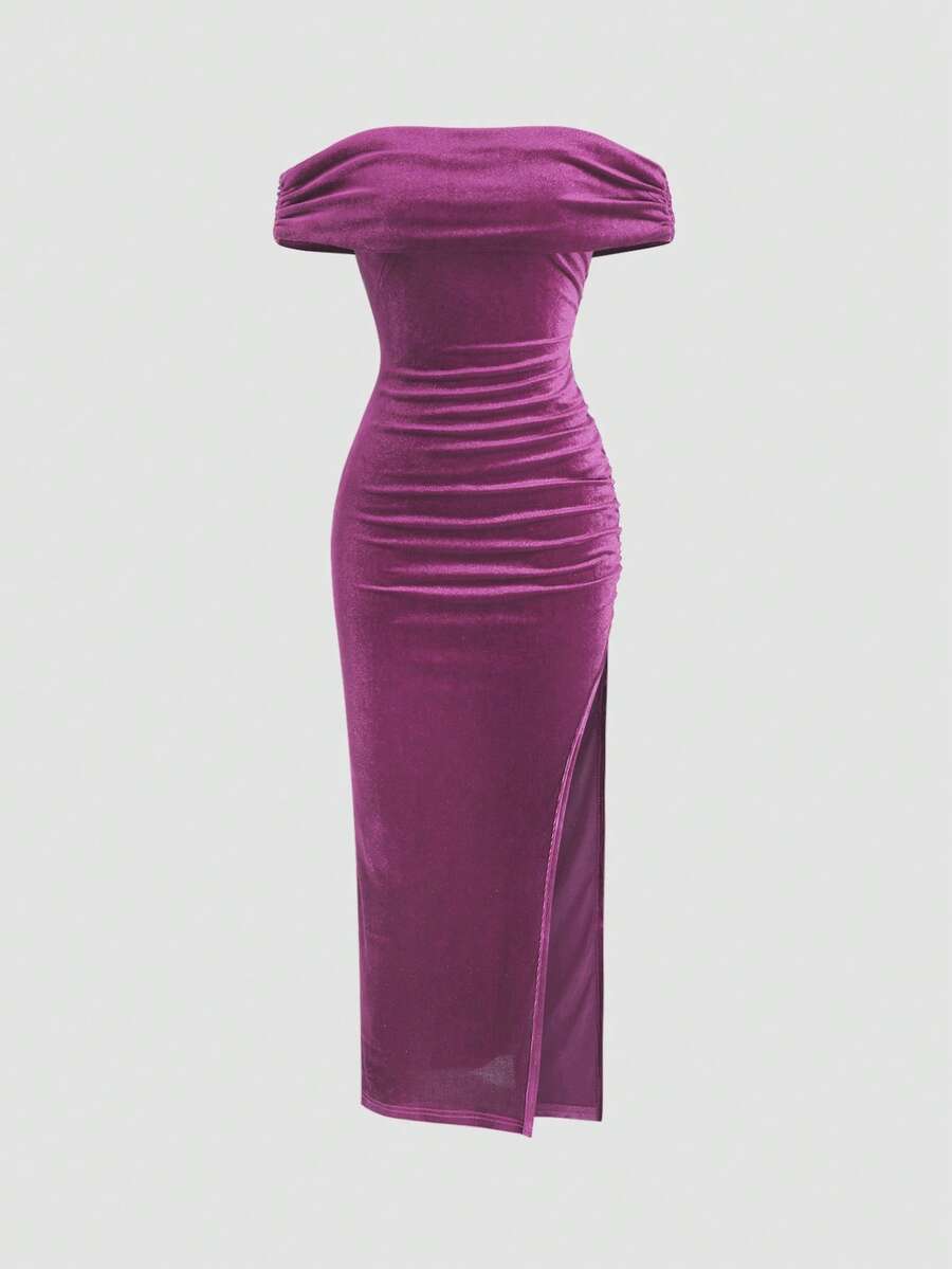 Sweetra 1 chiếc đầm nhung trơn màu trơn trễ vai, xếp ly, xẻ tà, thích hợp cho tiệc năm mới và các dịp lễ hội, màu đỏ tía, dáng maxi, dành cho nữ. - Màu tím hoa cà - Xem 1