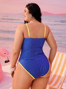 Swim Mod Plus Size Women 2-Piece Random Geometric Square Print Fashion Vacation Casual Slimming Modest Bow Adjustable Thick Strap High Waist High Leg Opening Triangle Bikini Swimsuit 2026 New Backless Tankini Set - Multicolor - View 2