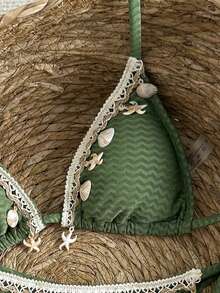 Swim Vcay 女士度假拼布编织肩带贝壳装饰纹理面料系带比基尼套装 - 綠色 - 查看 4