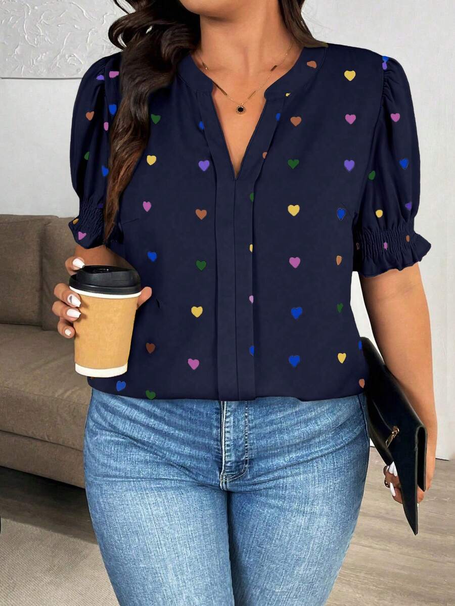 EMERY ROSE 大码女式梭织印花休闲夏季衬衫，适合新年、情人节、感恩节、圣诞节、复活节、国庆节、舞会、除夕夜、圣诞派对、圣诞装饰、圣诞睡衣、春季假期等场合穿着。 - 藏蓝色 - 查看 1