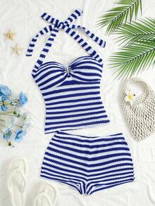 Sunnyshic Women's Casual Vacation Elegant Outfit Daily Versatile Fashion Street Beach Wear Striped Fabric Halter Tie Bow Sleeveless Top And High Waisted Bodycon Shorts 2 Piece Set - Multicolor - View 1