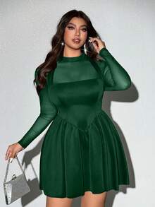 Viva Relle Plus Size Women's Elegant Sexy Party Dress With Stand Collar, Mesh Patchwork, Waist Cinching, Suitable For Spring, Summer, Autumn - Dark Green - View 6