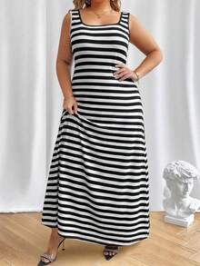 Vionelle Đầm kẻ sọc không tay dáng rộng mùa hè cỡ lớn - Đen và trắng - Xem 4