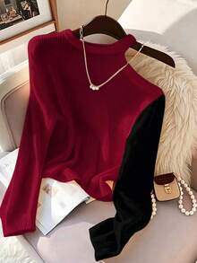 Franclia Women's Color Block Asymmetric Shoulder Long Sleeve T-Shirt, Ribbed Knit Top, Spring/Autumn - Red and Black - View 2