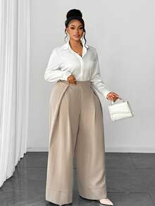 Maweii Plus Size Women's Solid Color Pleated Casual Commuter Fashionable Wide Leg Pants - Apricot - View 6