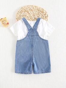 Cozy Pixies 男婴卡通熊图案前口袋牛仔背带短裤 - 中等水洗藍 - 查看 2