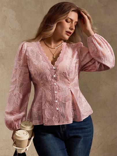 Elegantrix Plus Size Women Waist Ruffle Splice Water-Soluble Lace Fabric Elegant French Style Casual Blouse, Autumn/Winter  Day