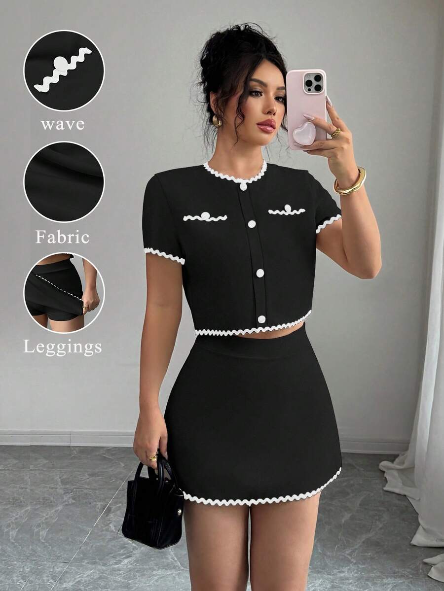 Elenzga 2 件套女士春夏法式优雅撞色波浪丝带细节黑色纽扣短袖上衣和撞色波浪丝带饰边半身裙