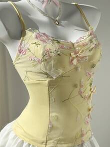 Elamini Yellow Contrast Ruffle Trim V-Neck Cinched Waist Camisole Tank Top For Women, Spring/Summer , Vacation, Elegant Retro Romantic Sweet Casual Versatile - Yellow - View 5