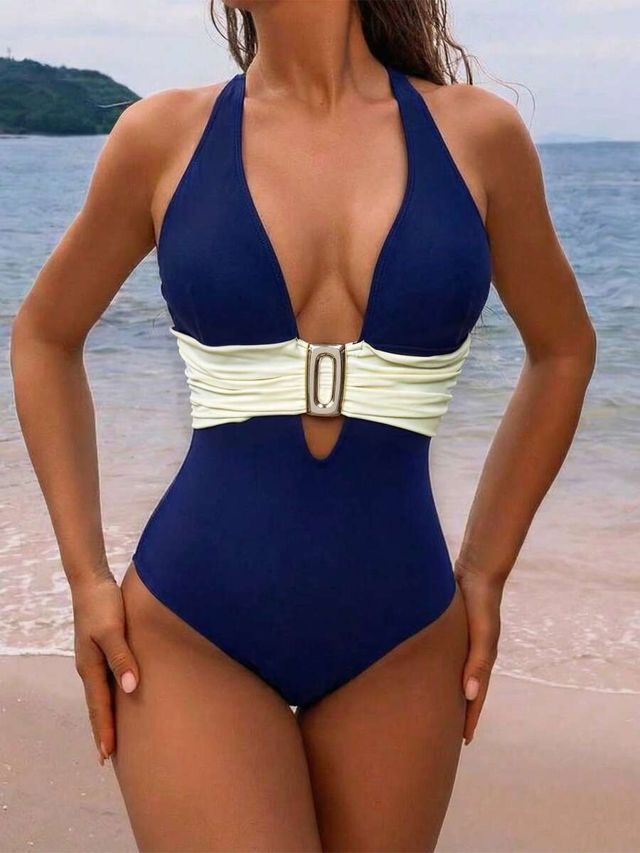 Swim Vcay Đồ bơi một mảnh cắt cao có họa tiết kim loại, màu tương phản, có thể điều chỉnh, kiểm soát bụng, dáng chữ thập phía sau, dành cho kỳ nghỉ hè trên bãi biển dành cho nữ - Nhiều màu - Xem 1