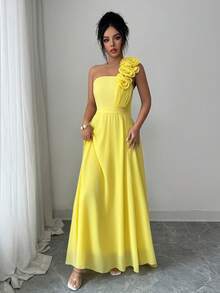 Selianne 夏季新款性感无肩带高开衩3D立体花卉装饰飘逸单肩系带连衣裙，浅黄色连衣裙，优雅女士连衣裙，派对礼服，伴娘礼服，婚礼宾客礼服，度假连衣裙，高贵派对礼服，情人节服装 - 淡黃色 - 查看 4