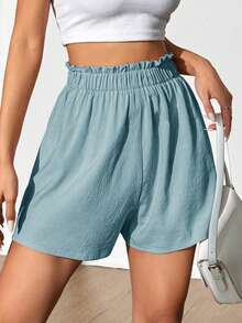 Flirla Women's Casual Solid Color Ruffle Waist Shorts, Summer - Blue - View 4