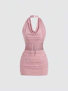 SHEIN PETITE Women's Short Turtleneck Backless Sequin Bodycon Party Mini Dress - Pink - View 2